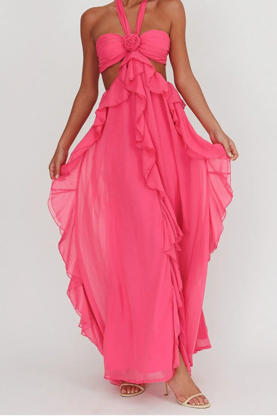 Strapless Chiffon Ruffle Rosette Cut Out High Split Maxi Dress - View 9