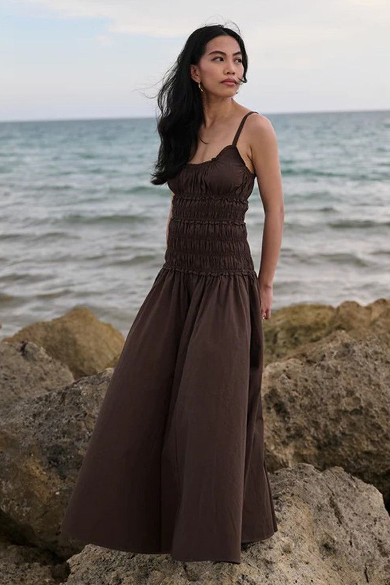 Solid Cotton Ruched Long Sleeveless Slip Dress