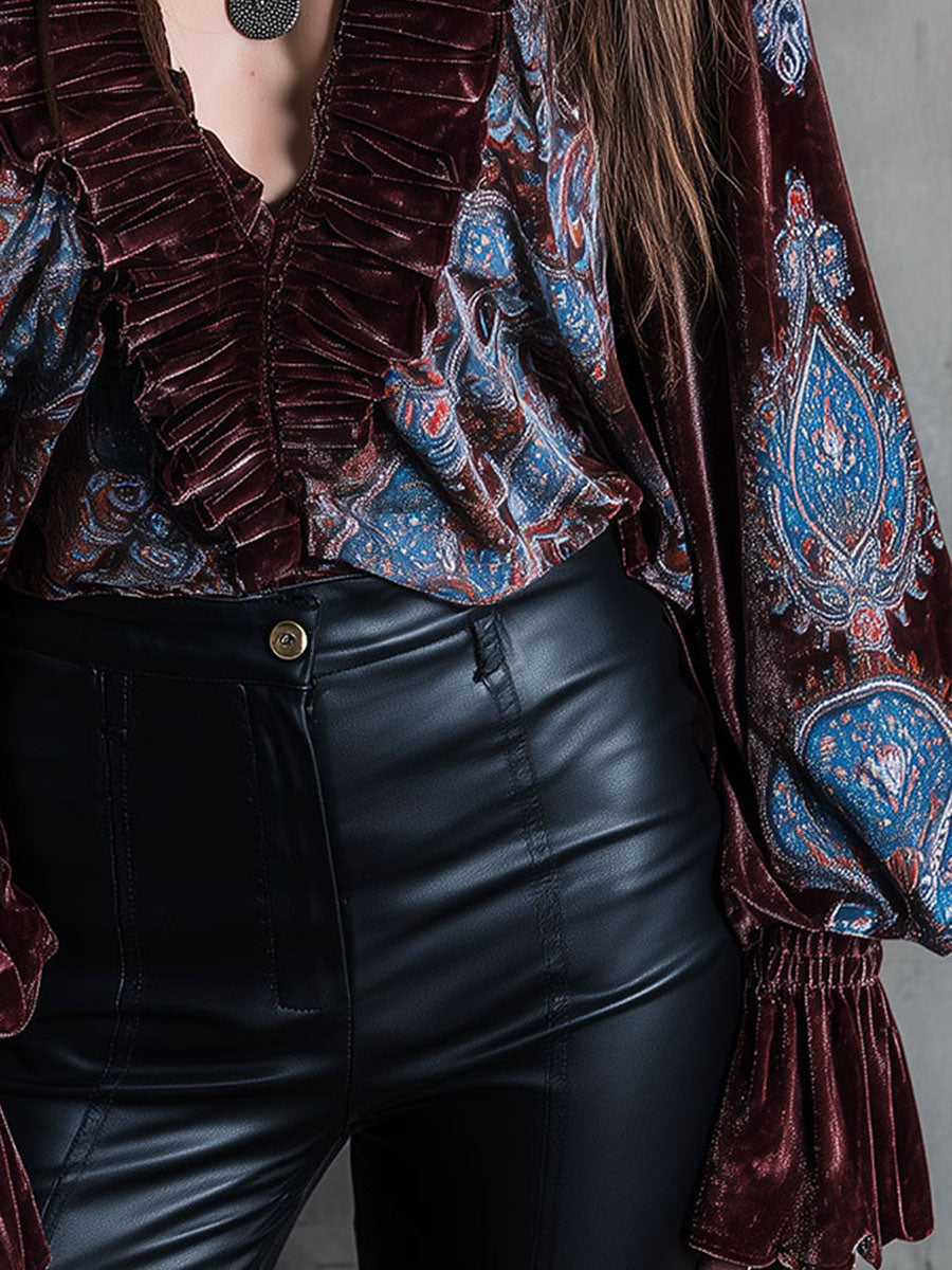 Boho Paisley Print Velvet Puff Sleeve Blouse - Fashionpara