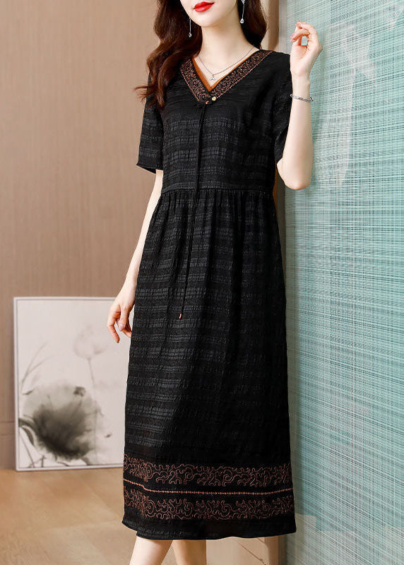V-Neck Short Sleeve Embroidered Trim Textured Midi Dress