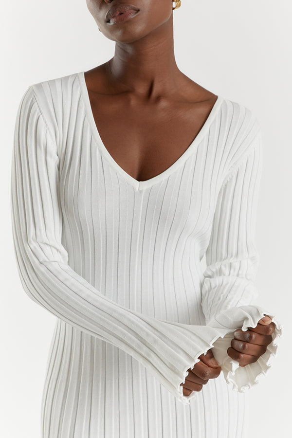 Ribbed Knit V-Neck Long Sleeve Bodycon Maxi Dress - View 15