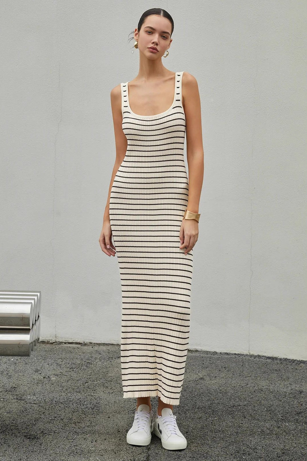 Striped Sleeveless Cami Knit Bodycon Maxi Sweater Dress