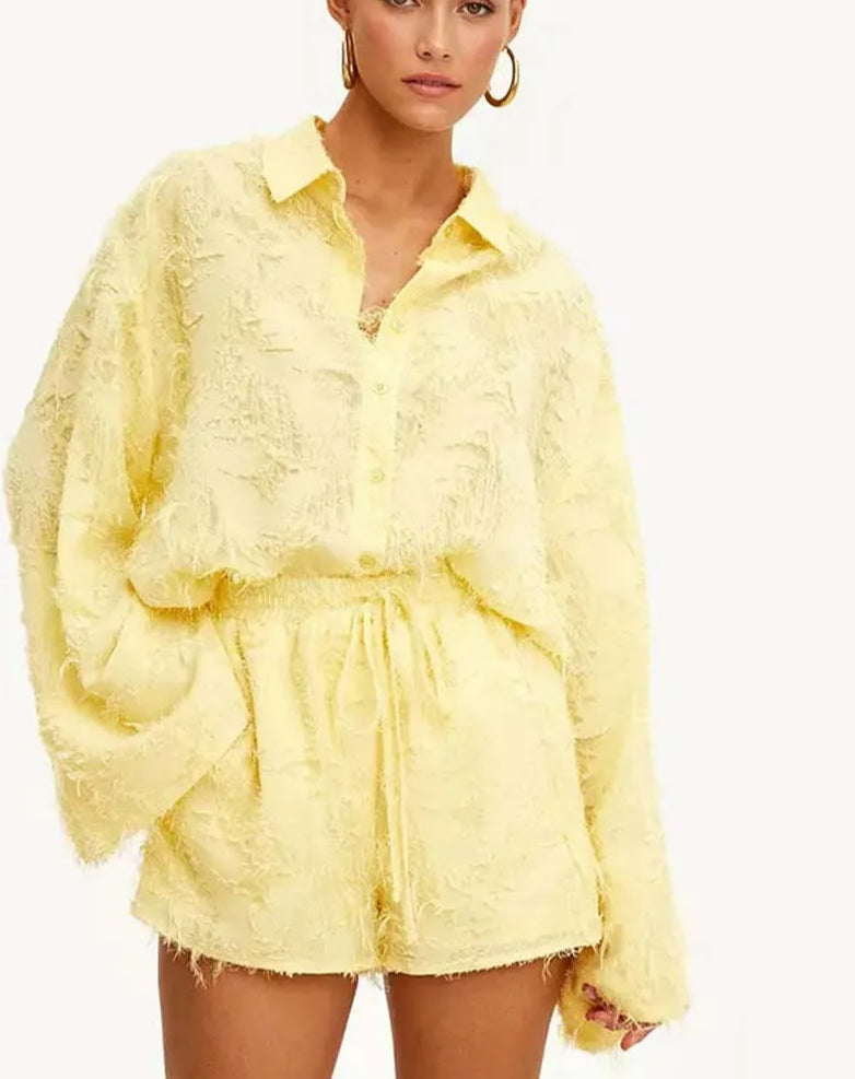Yellow Feather Drawstring Shorts Office Two Piece Set