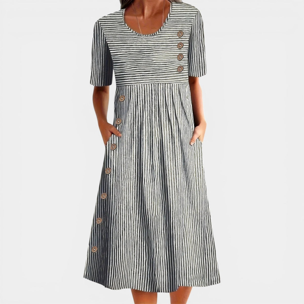 Striped Round Neck Short Sleeve Button Detail Midi Dress 2
