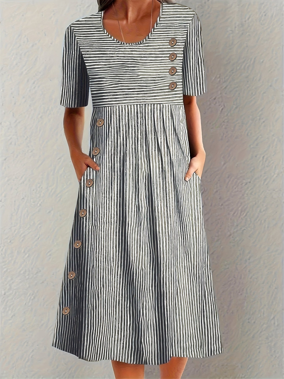 Striped Round Neck Button Front Midi Dress 3