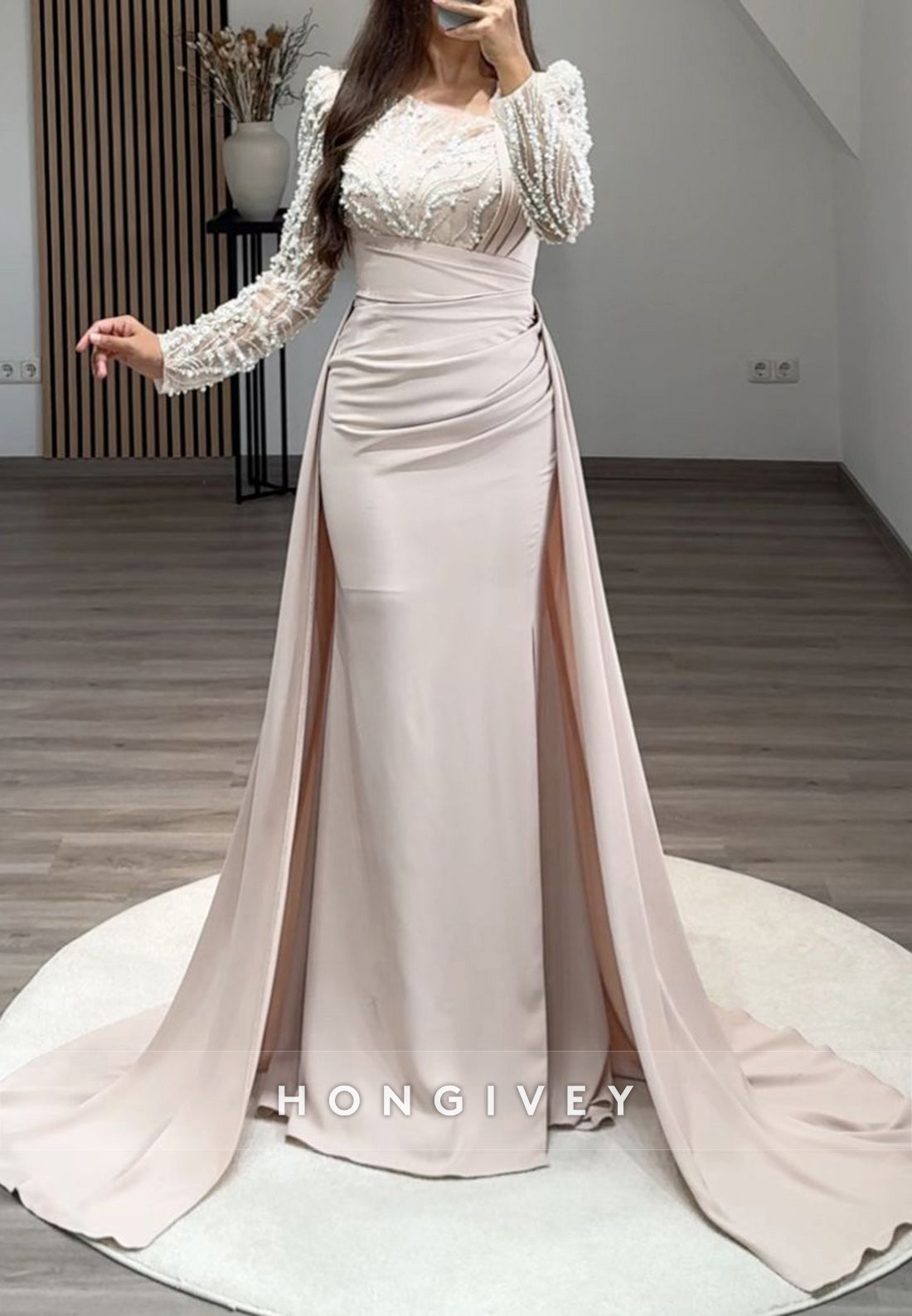 Pleated Beading Long Sleeve Illusion Neck Sweep Train Formal Dresses