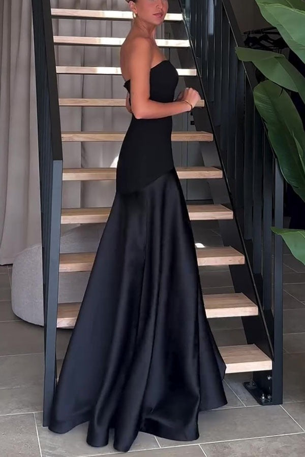 Strapless Satin Paneled A-Line Gown - View 2