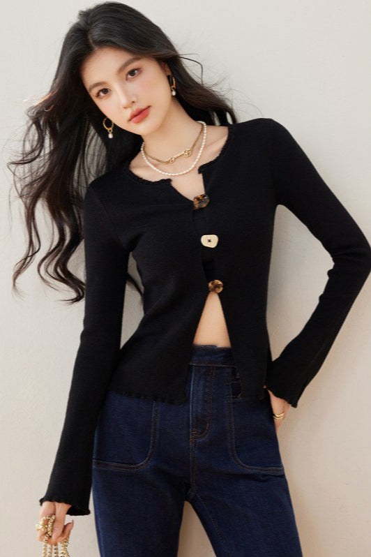 Black Slim Knit Cardigan Sexy Fitted Base Layer