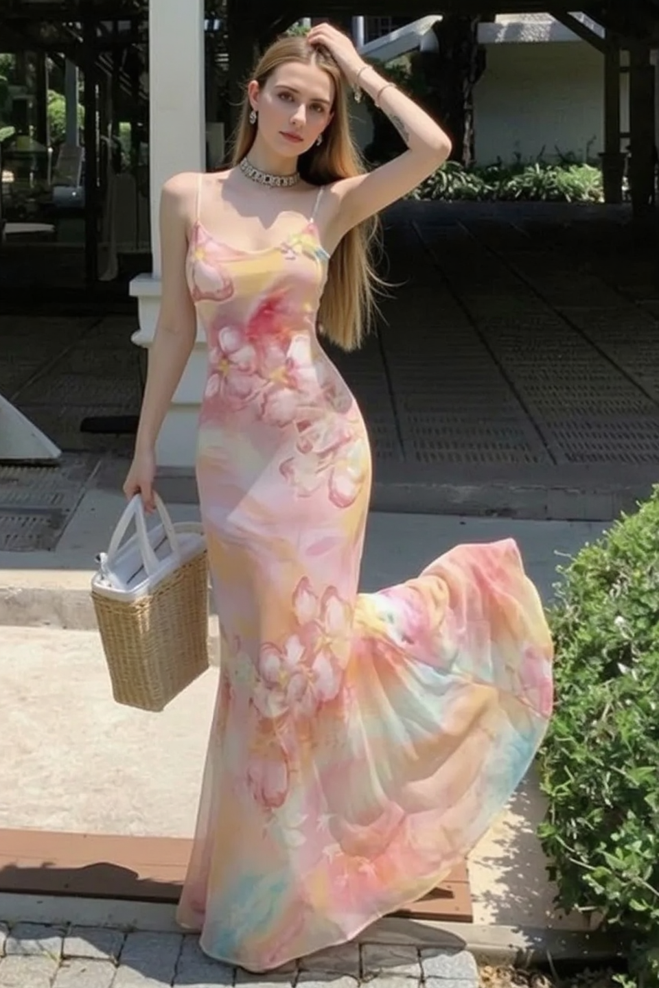 Watercolor Floral Scoop Neck Spaghetti Strap Satin Slip Maxi Dress 4