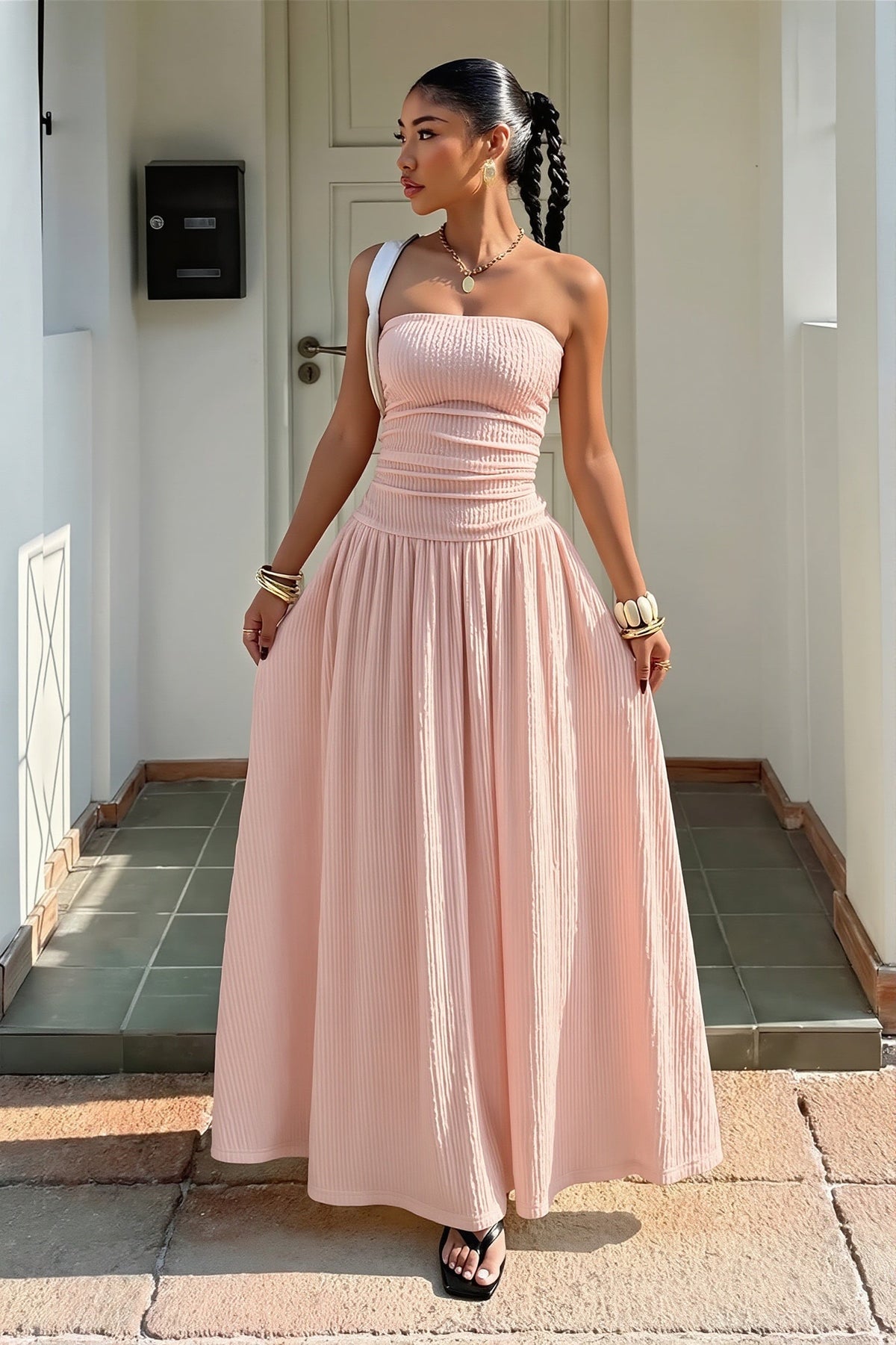 Strapless Ruched Drop Waist A-Line Maxi Dress
