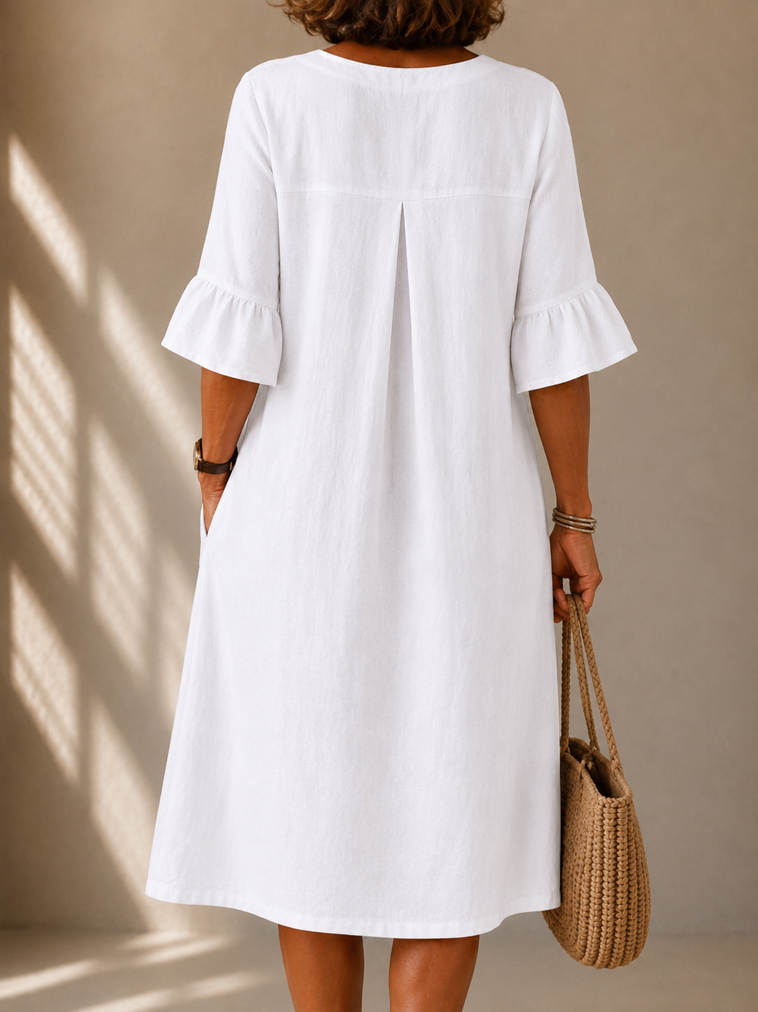 Notch Neck Flutter Sleeve Button Front Shift Midi Dress 2