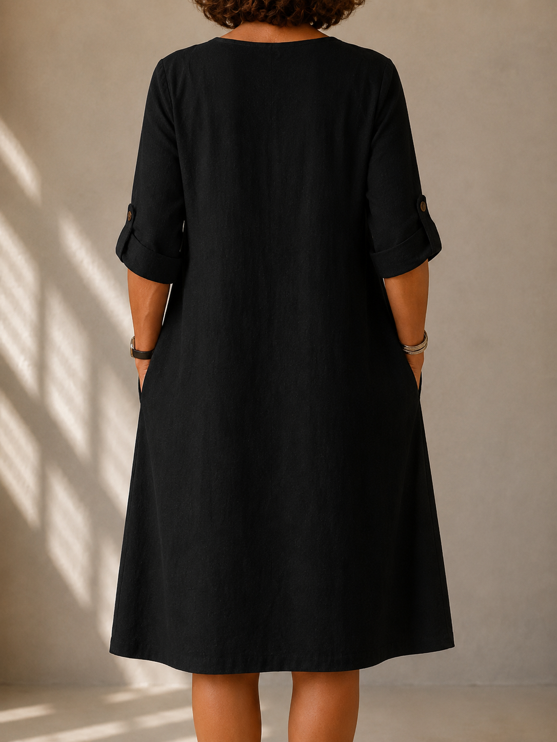 Notch Neck Roll Sleeve Pocket Shift Midi Dress 2