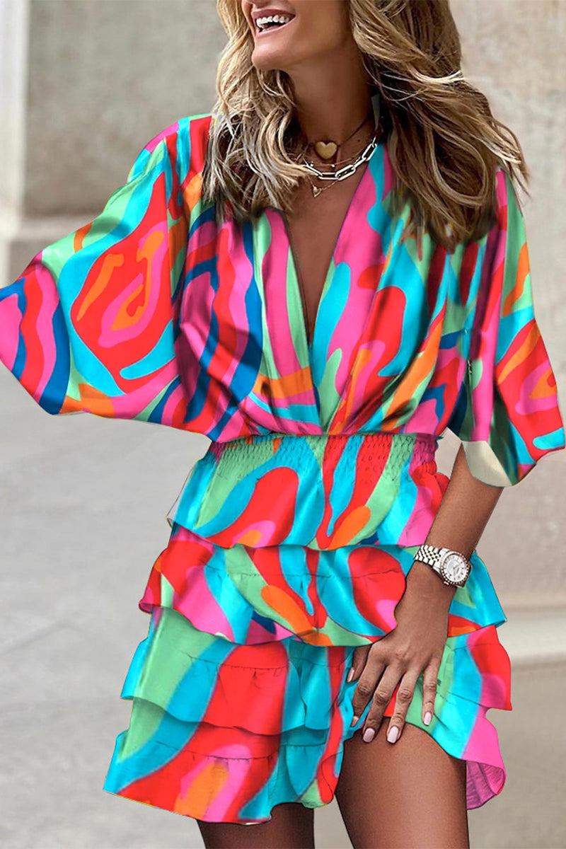 Deep V-Neck Kimono Sleeve Smocked Waist Tiered Ruffle Mini Dress