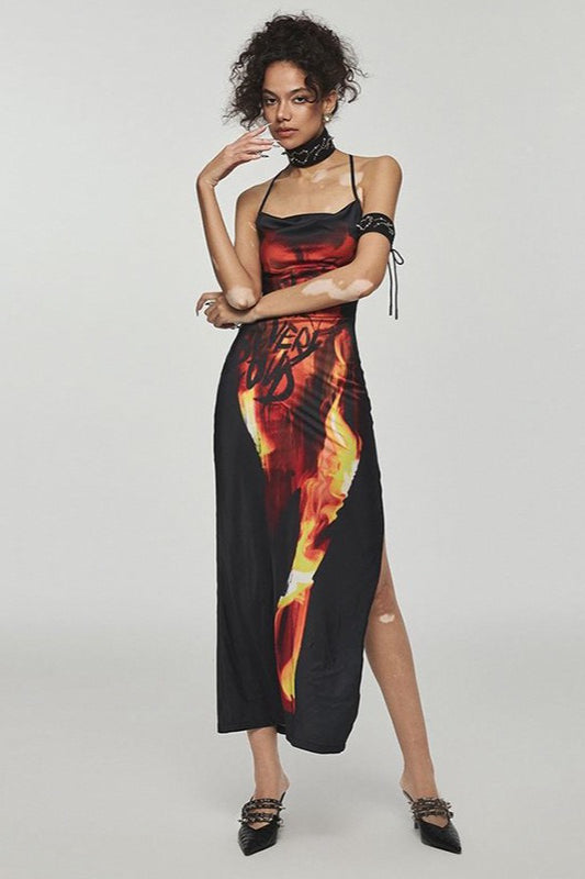 Flame Print Cowl Neck Backless Maxi Dress