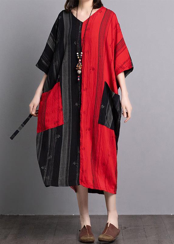 V-Neck Short Sleeve Contrast Patch Pocket Vertical Midi Dress - View 2