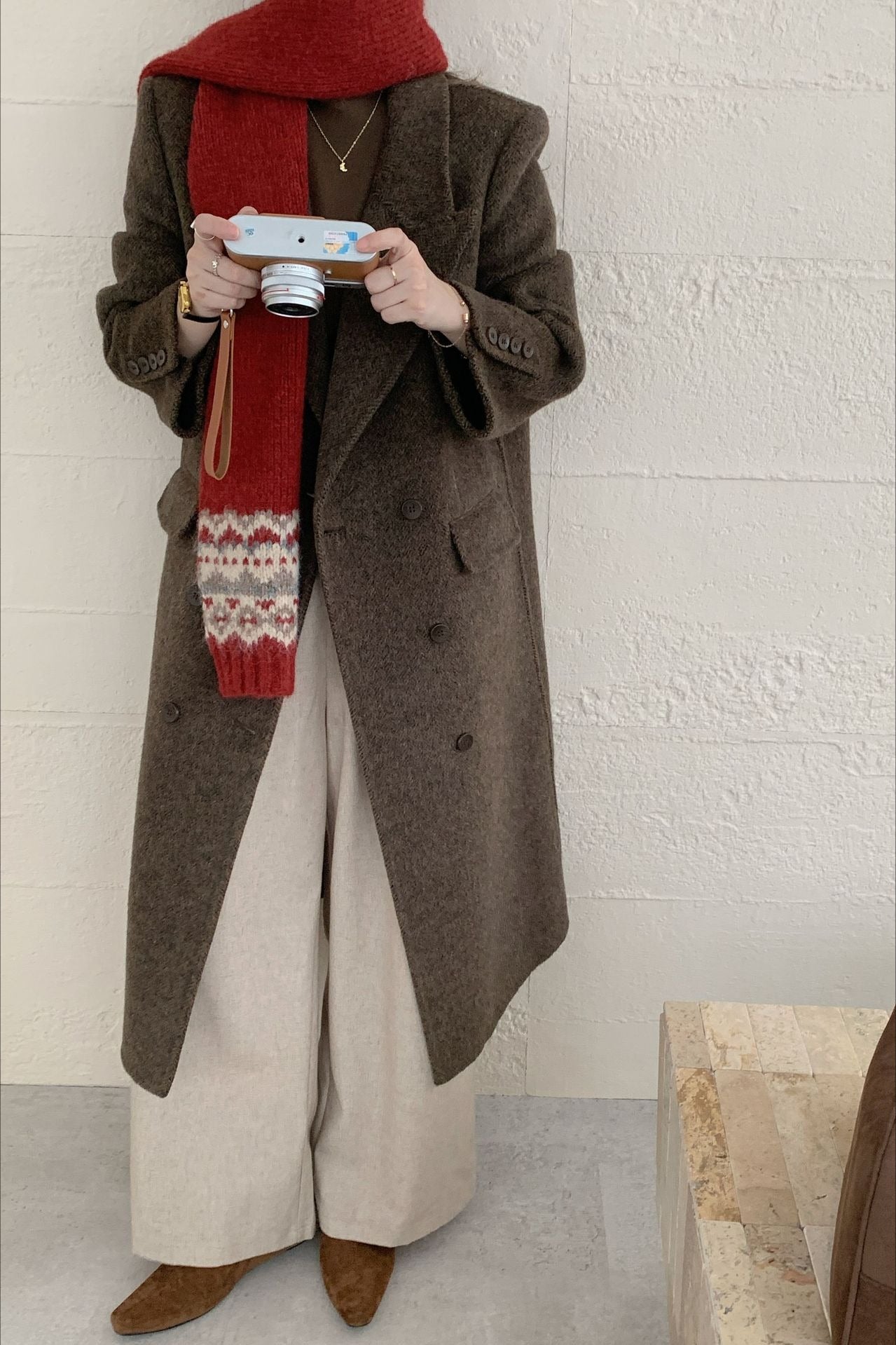 Double-Faced Wool Long Overcoat with Notched Lapel Design