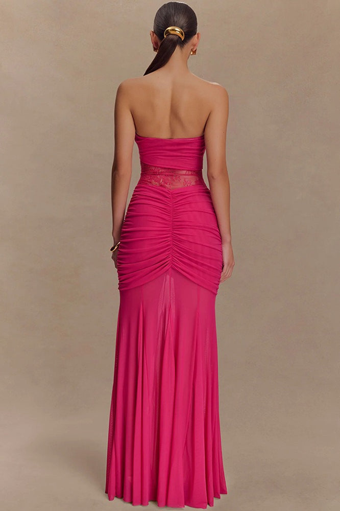 Strapless Lace Panel Ruched Mermaid Gown