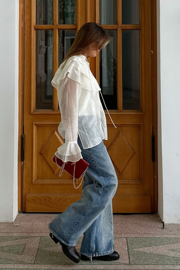 French Sheer Ruffle Blouse