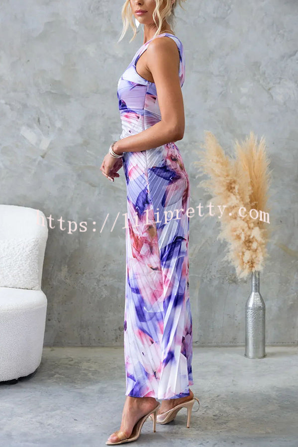 Laken Floral Print One Shoulder Adjustable Tie Cutout Pleated Maxi Dress - Fashionpara