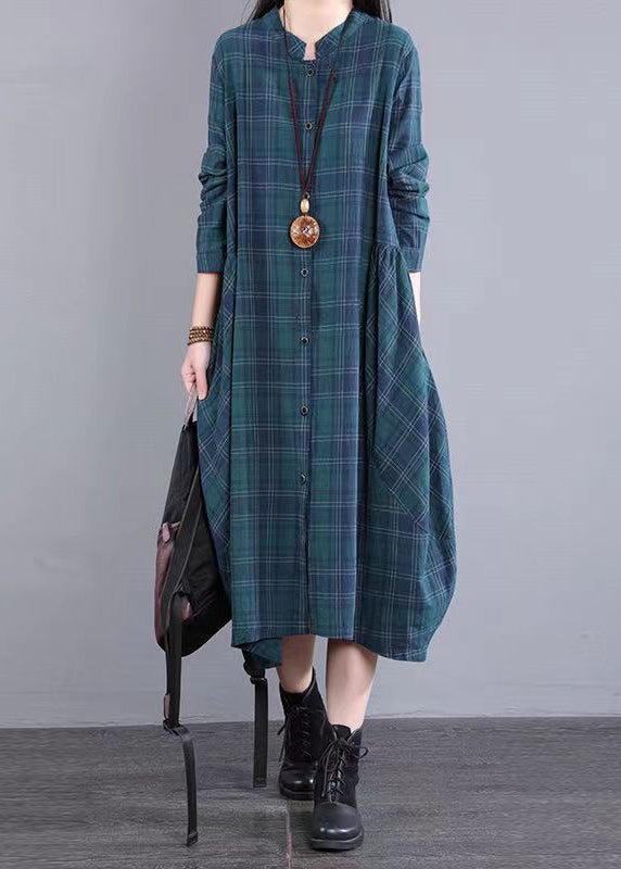 Plaid Check Print Stand Collar Button Down Shirt Midi Dress