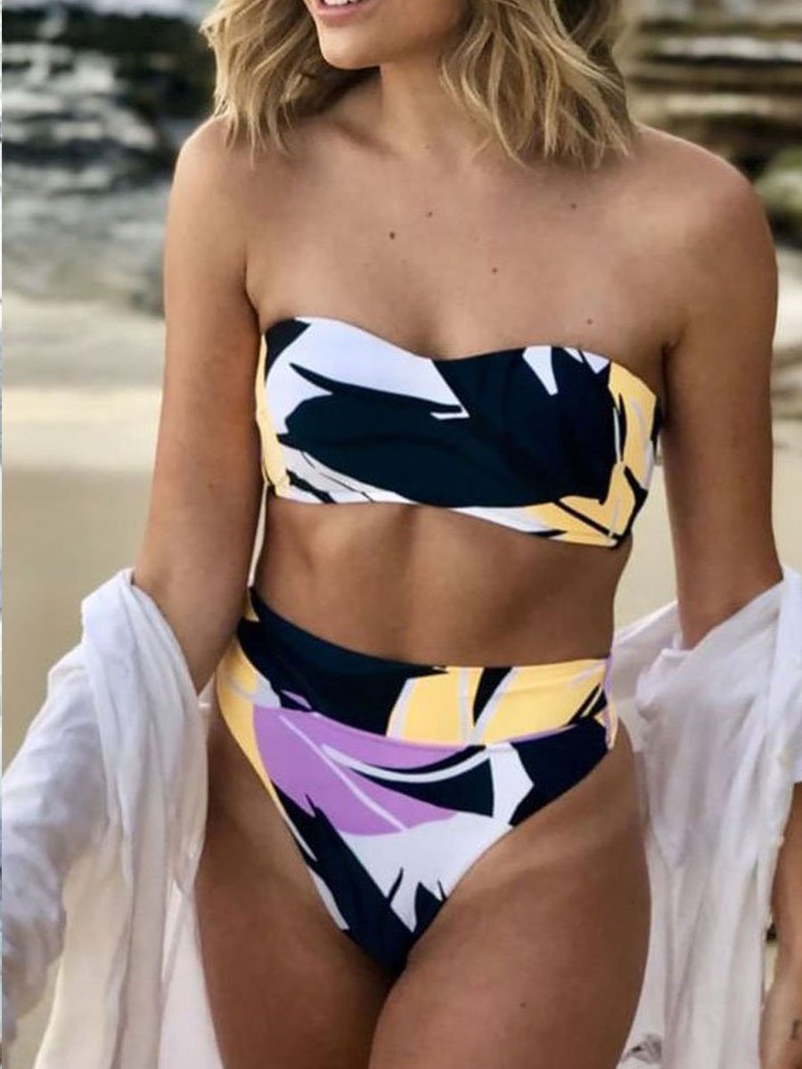Strapless Geometric Print Two Pieces Swimsuit - Fashionpara