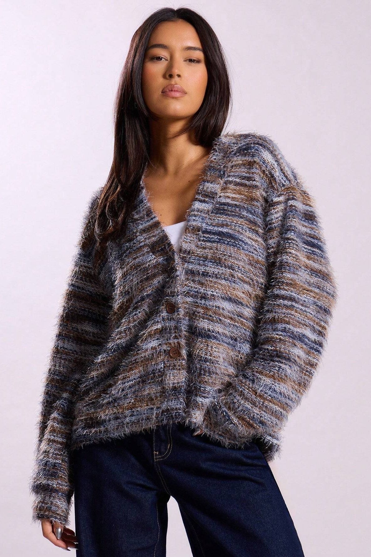 Deep V-Neck Plush Knit Cardigan for Retro Fashion Lovers