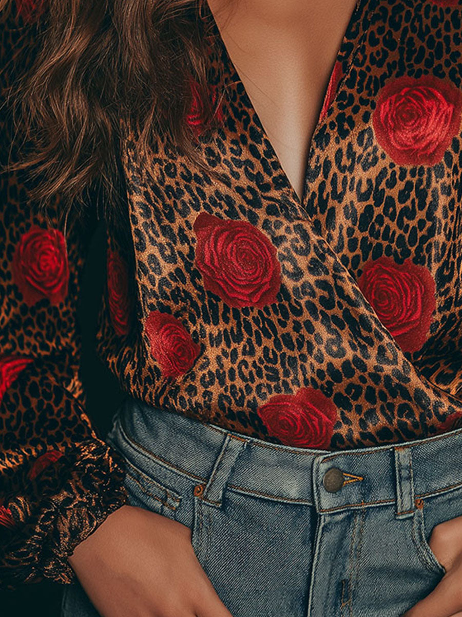 Elegant Rose Pattern And Leopard Print Satin Wrap Blouse - Fashionpara