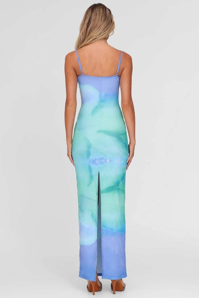 Gradient Floral Spaghetti Strap Fitted Bodycon Maxi Dress