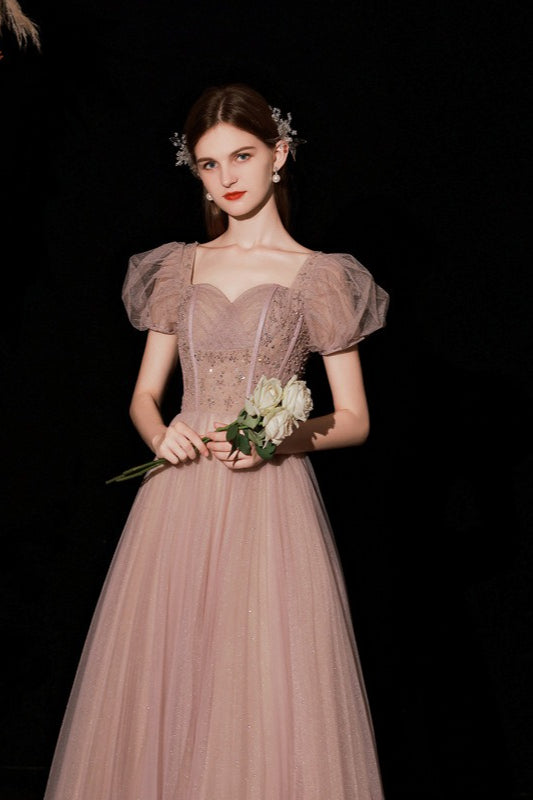 Square Neck Puff Sleeve Glitter Tulle A-Line Prom Gown