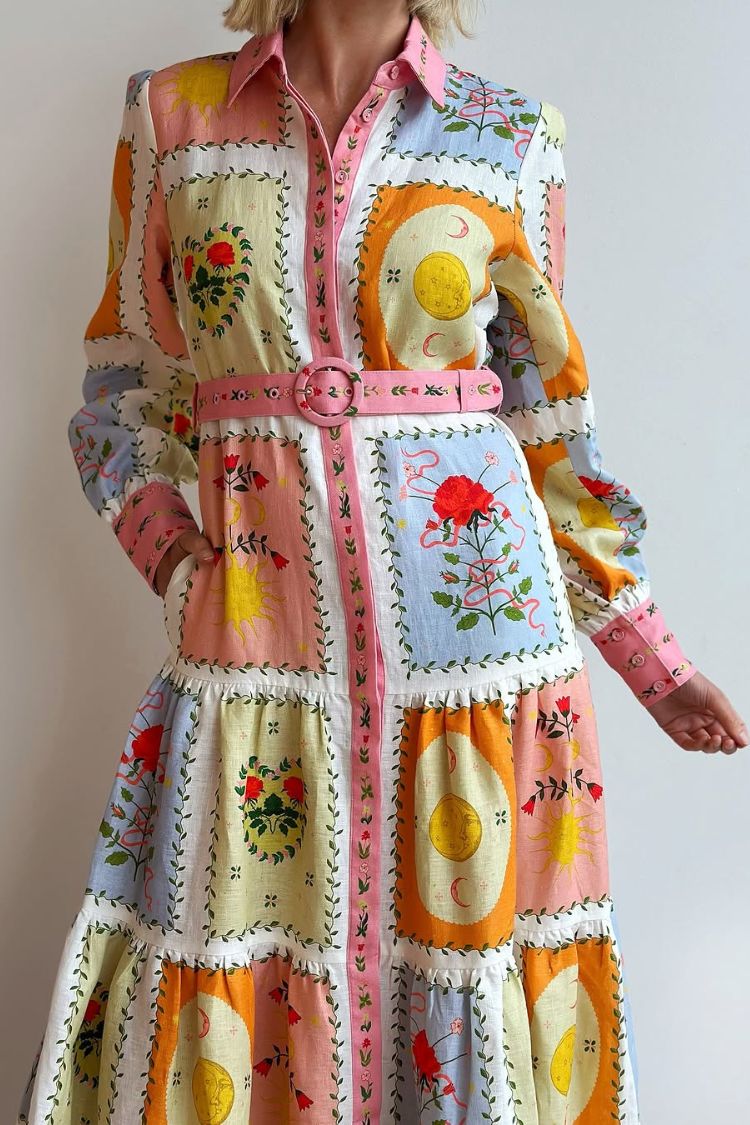 Lily Song Linen Blend Unique Print Short Sleeve Tie-up Shirt Maxi Dress - Fashionpara