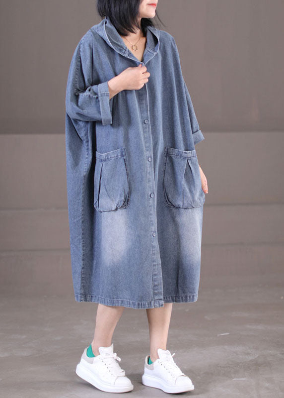 Hooded Denim Button Front Patch Pocket Long Sleeve Midi Dress - View 3