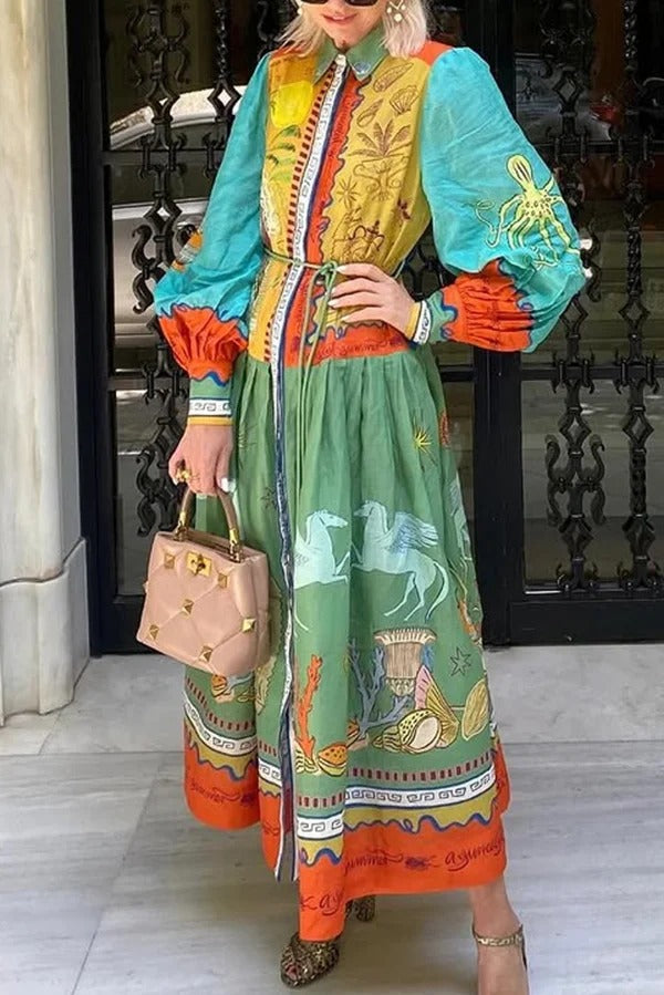 Puts A Smile Unique Print Lapel Lantern Sleeve Waist Tie Midi Dress - Fashionpara