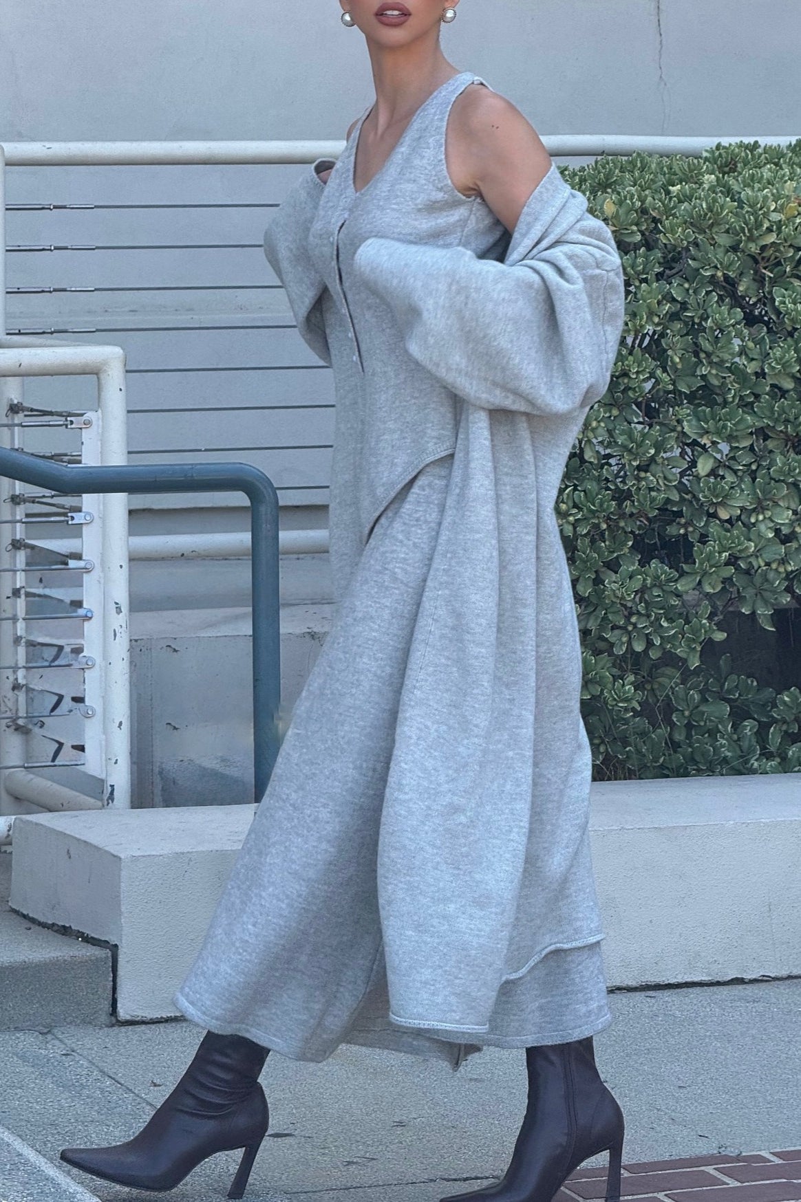 Vintage Gray Knit Jacket Vest & Maxi Skirt Three Piece Set