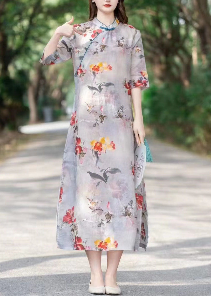 Mandarin Collar Frog Button Floral Print Cheongsam Midi Dress