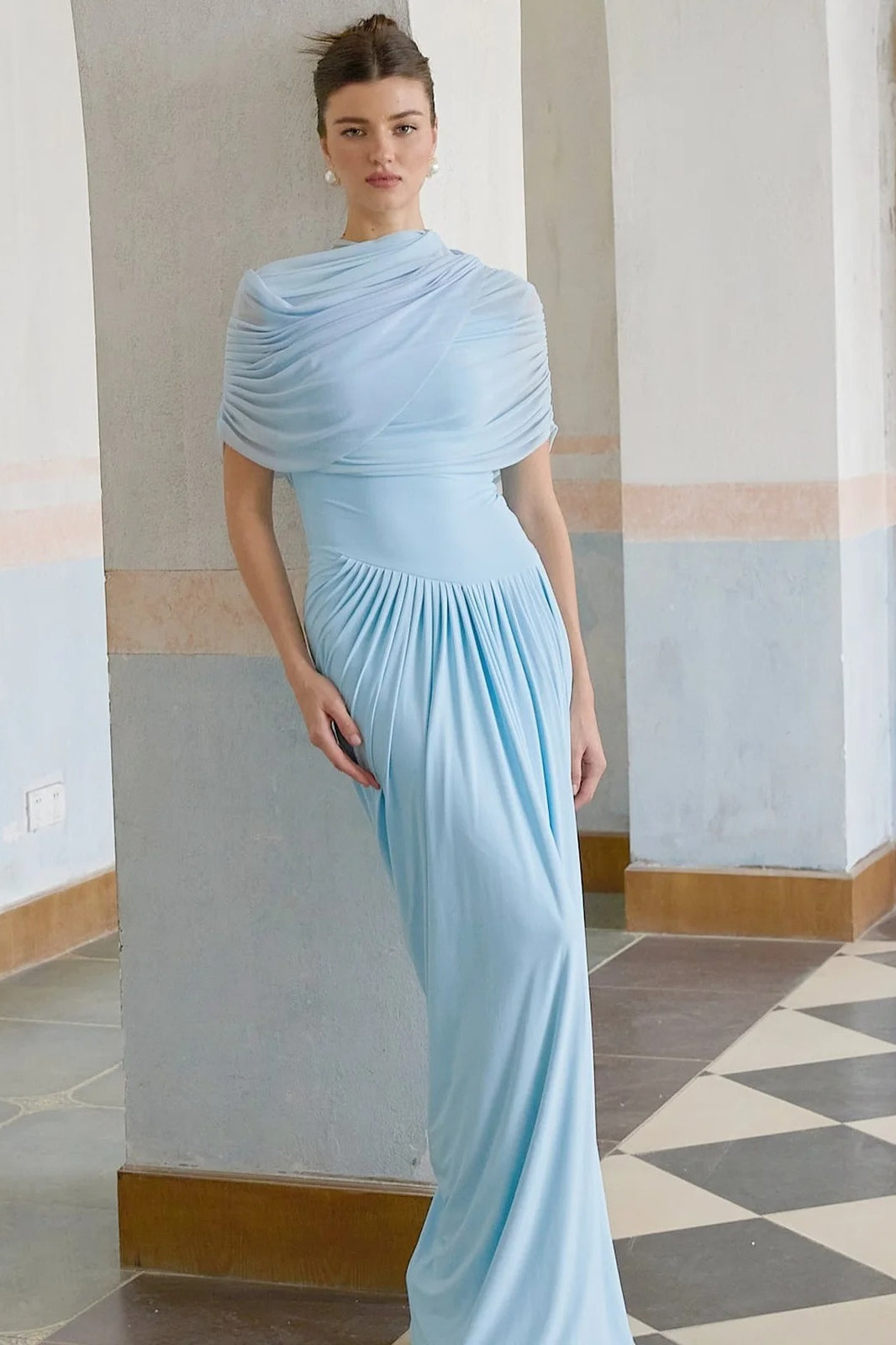 Draped High Neck Short Sleeve Maxi Gown 3