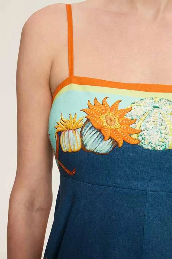 Linen Blend Unique Print Suspenders Back Pleated Pocket Resort Style Maxi Dress - Fashionpara