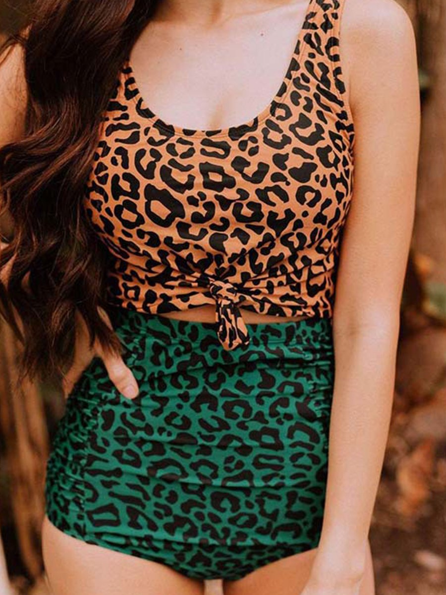Leopard Printed High Waist Tankini Bikini Set - Fashionpara
