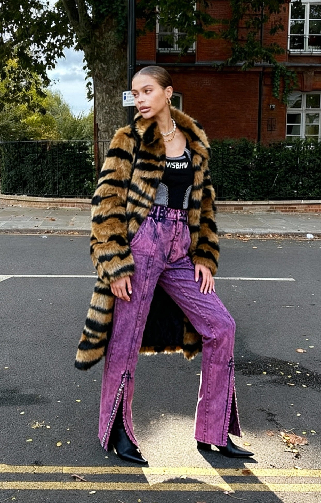 Faux Fur Tiger Striped Loose Overcoat - Fashionpara