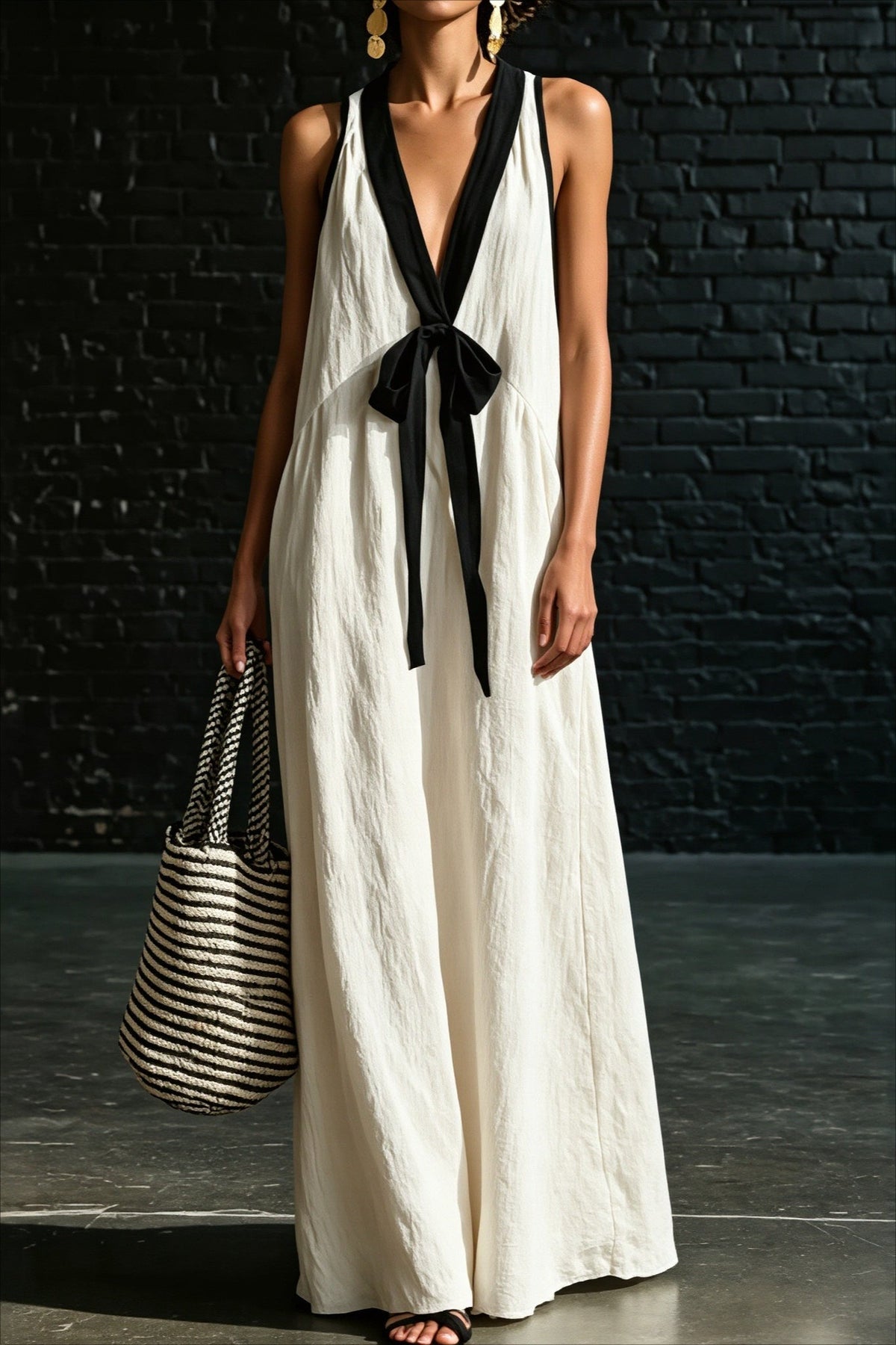 Linen Deep V-Neck Contrast Tie Flowy Maxi Dress