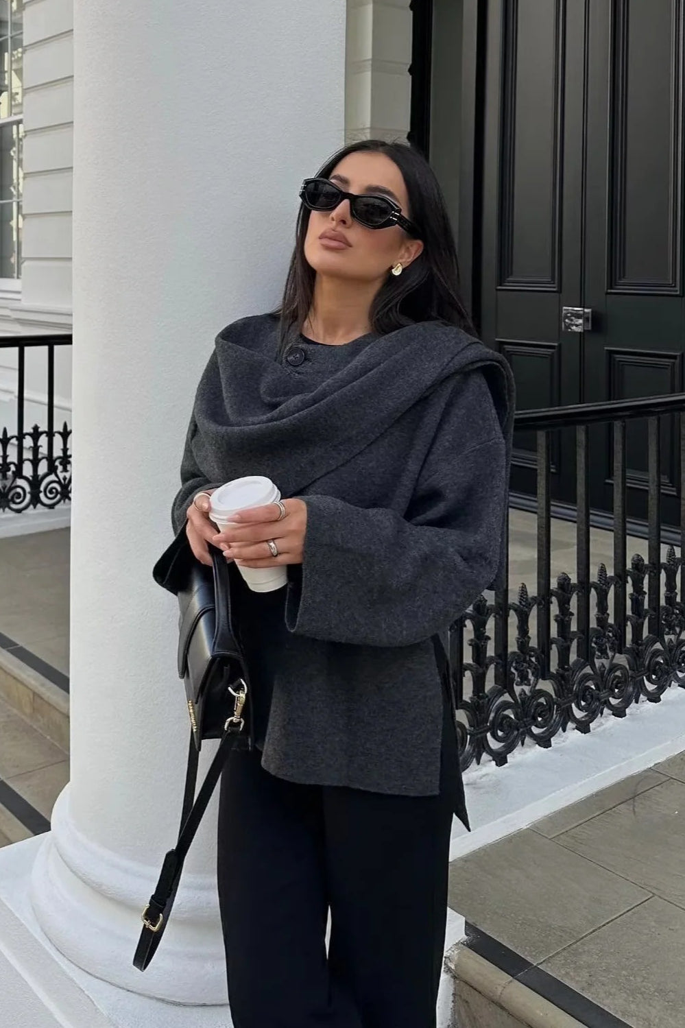 Cropped Knit Asymmetric Scarf Collar Coat - Fashionpara