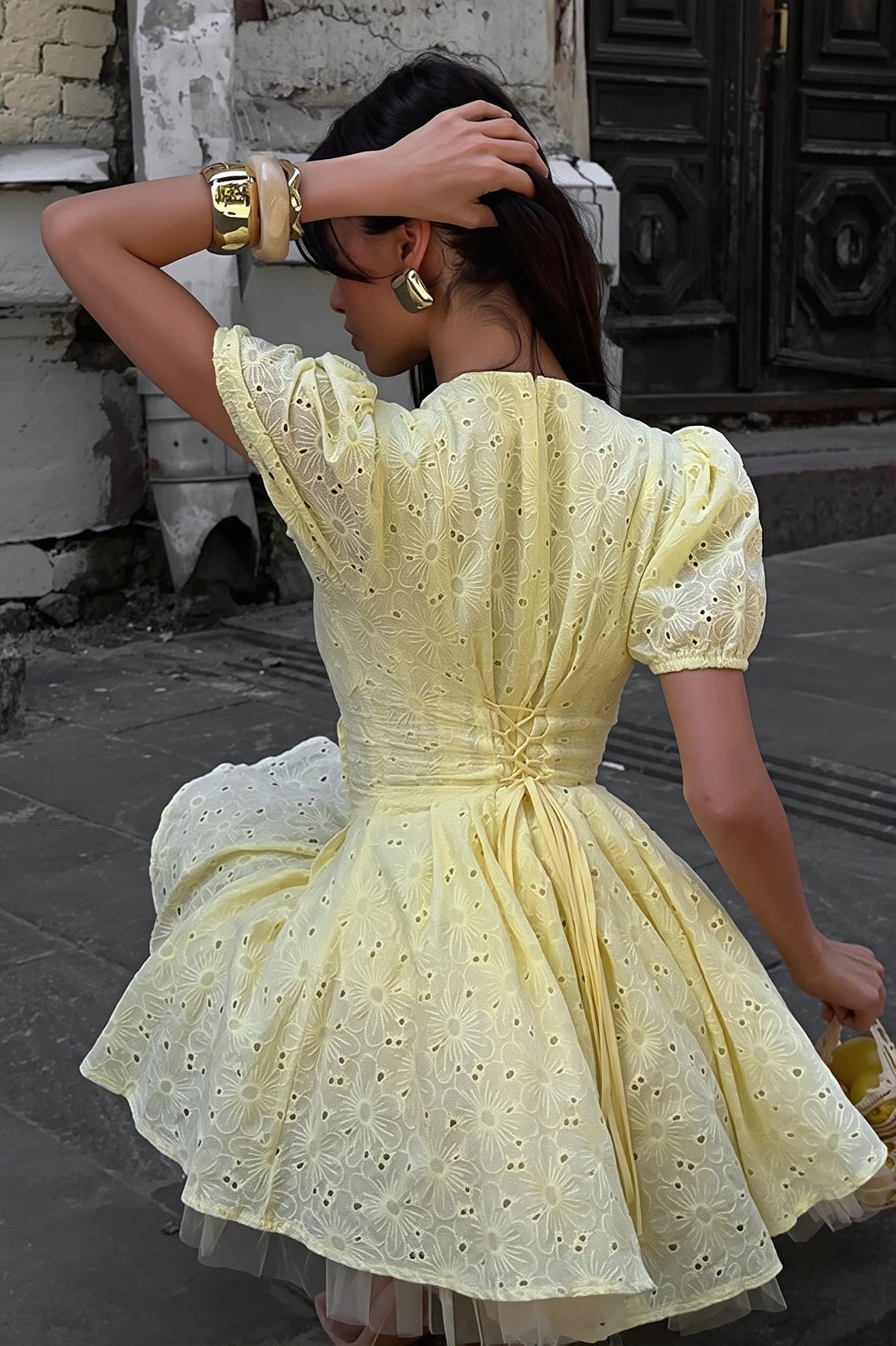 Broderie V-Neck Puff Sleeve Fit and Flare Mini Dress 4