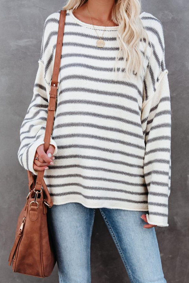 O Neck Striped Loose White Sweater  Fashionpara