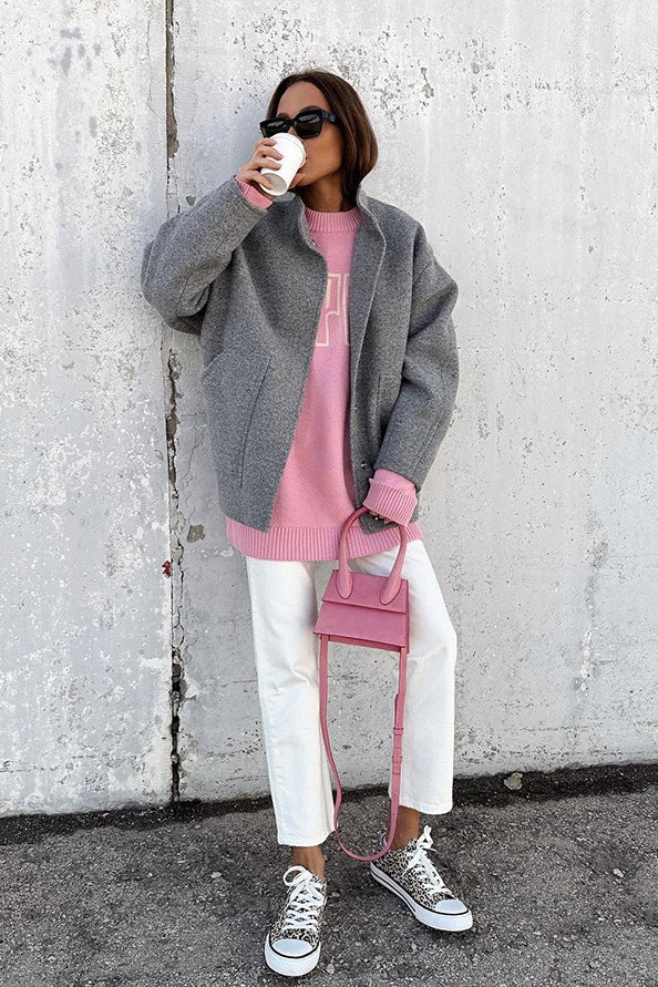 Gray Stand Collar Cocoon Sleeve Coat