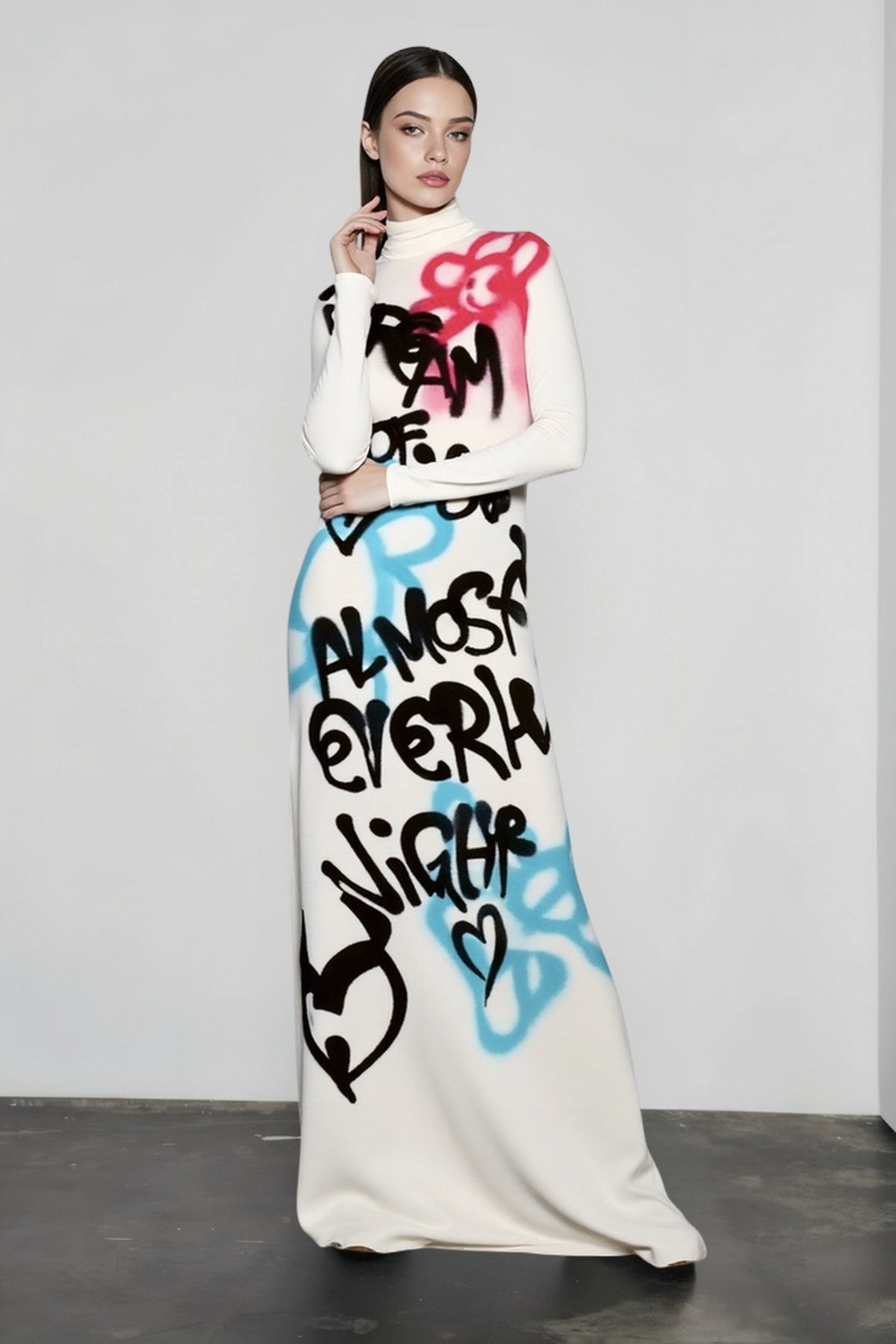 Graffiti Print High-Neck Long Sleeve Column Maxi Dress