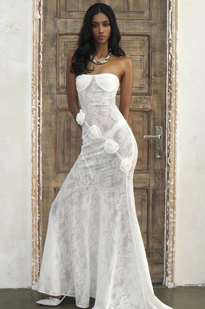 Floral Lace Strapless Sweetheart 3D Rosette Mermaid Gown