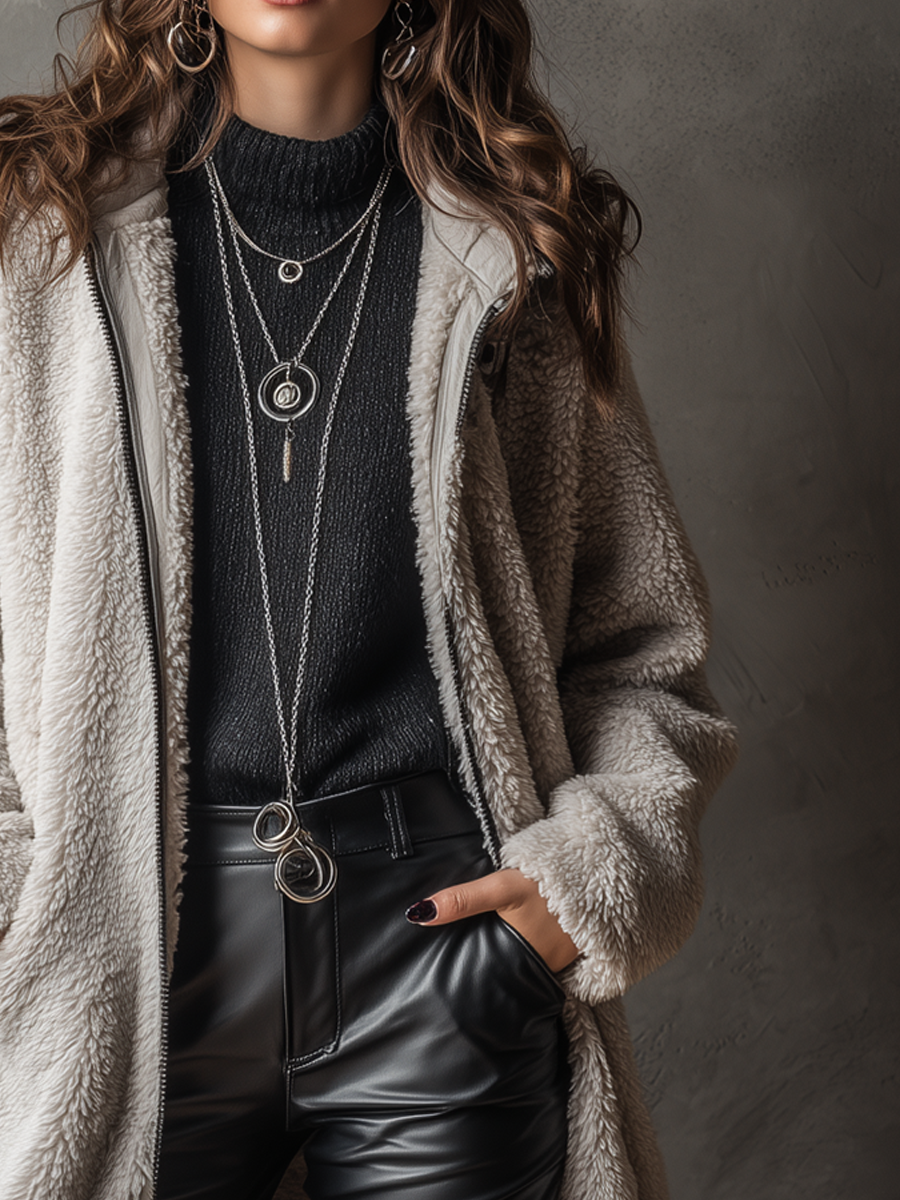 Vintage Zip-up Collar Teddy Fleece Fitted Coat - Fashionpara