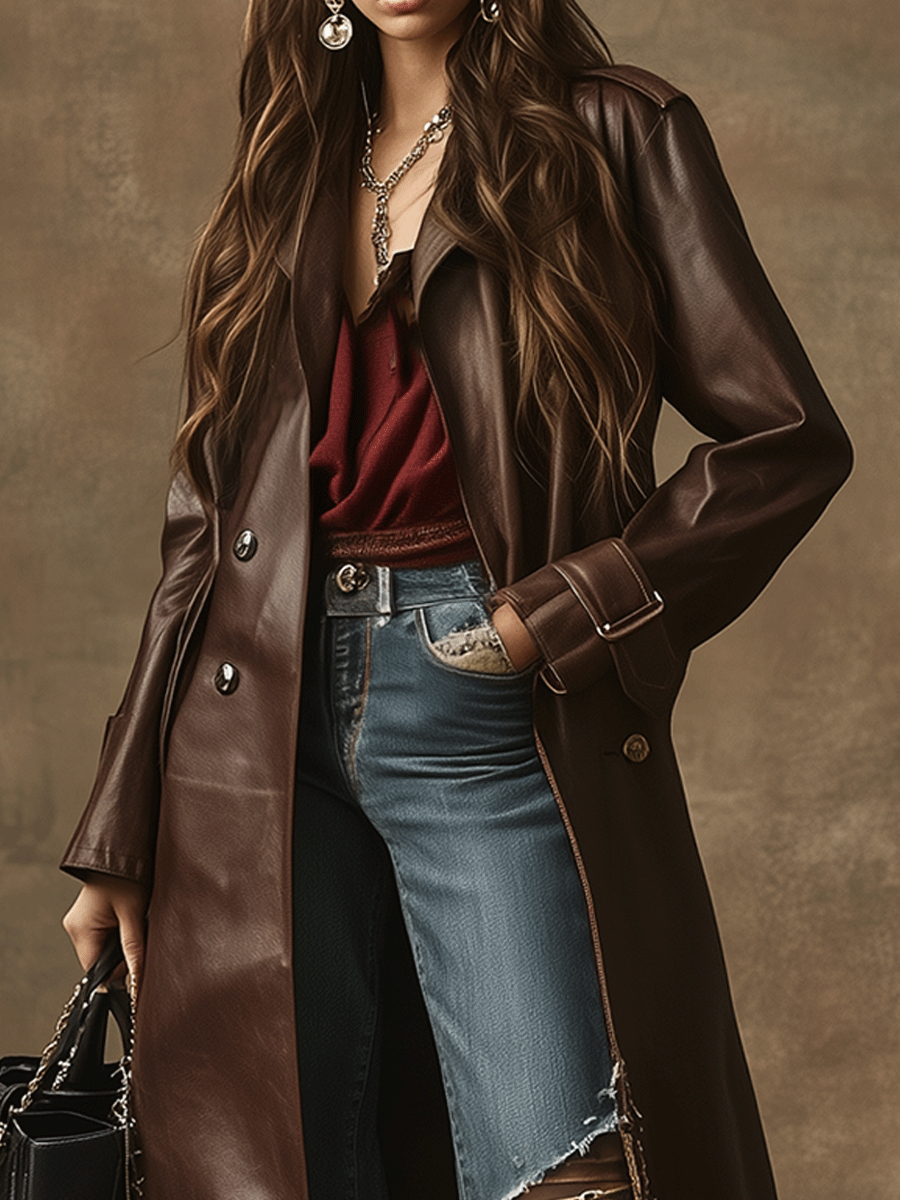 Vintage Western Chic Dark Brown Leather Trench Coat - Fashionpara