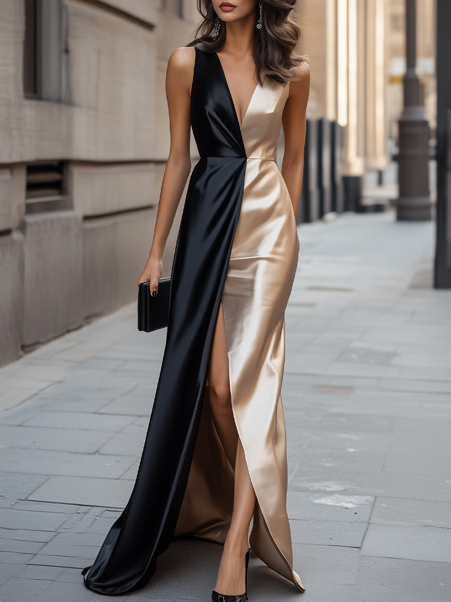 Chic Two-Tone Satin Evening Dress With Side Slit