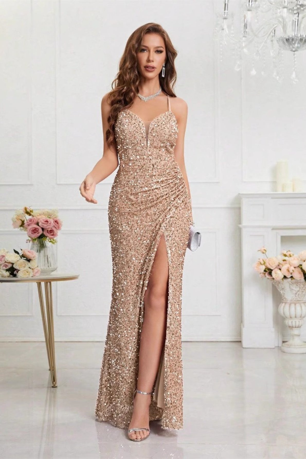 Sequin Spaghetti Strap High-Slit Mermaid Gown