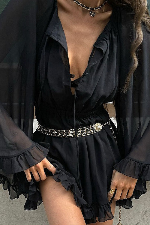 Black Mesh Sheer Ruched Waist Mini Dress